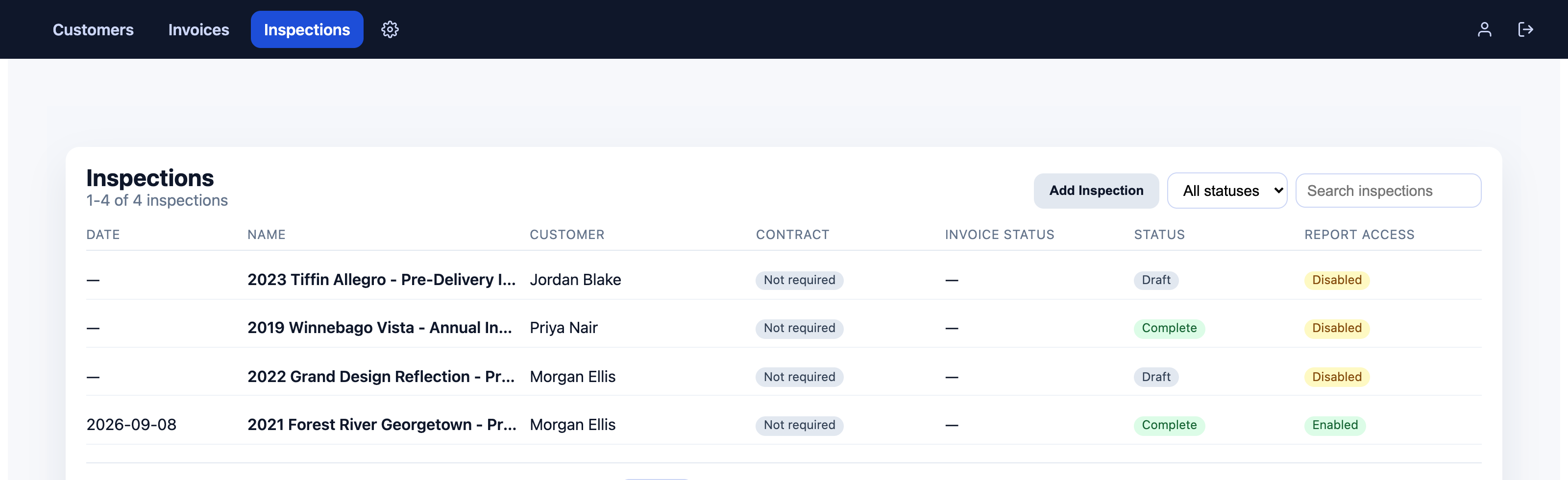 RVi inspections dashboard showing a business's list of inspections with statuses and report access